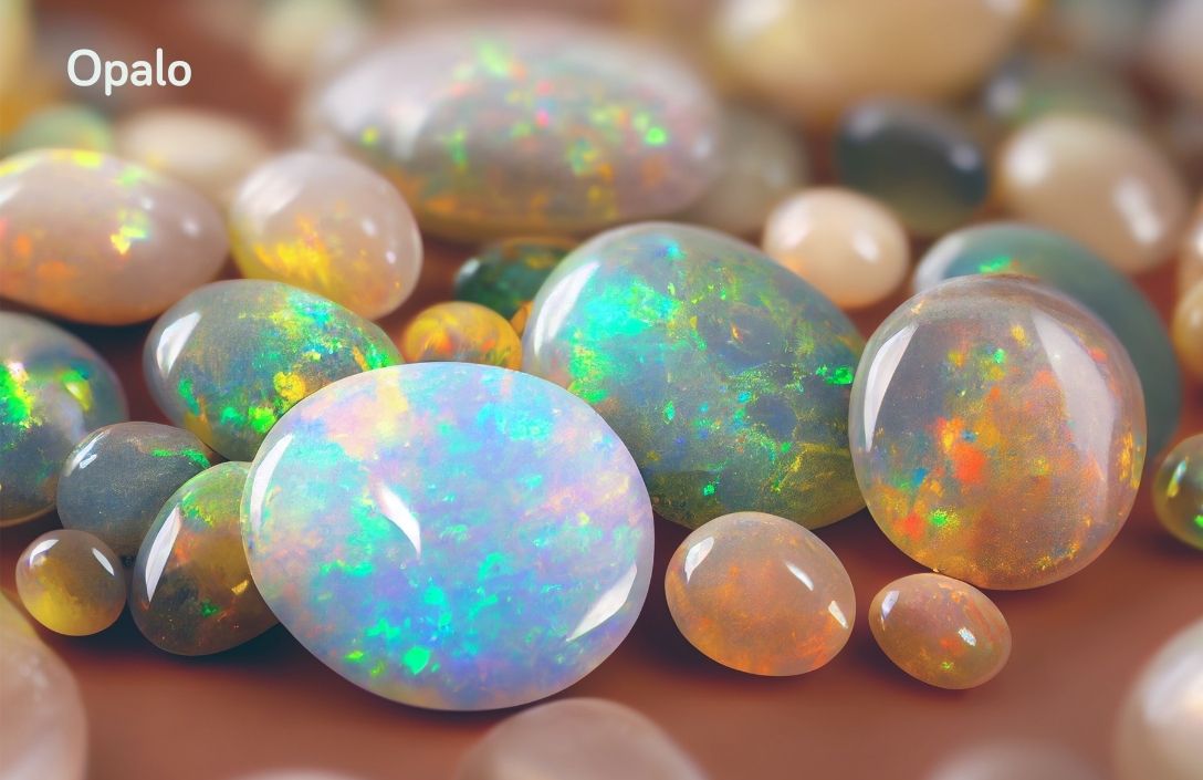 Colección de ópalos preciosos pulidos sobre fondo marrón para la guía de piedras de nacimiento de Joyería Marga Mira. La imagen es un primer plano macro que muestra múltiples gemas de ópalo en varias formas (cabujones ovalados y redondos) y tamaños. Las gemas exhiben un espectacular juego de colores (verde, azul, amarillo, naranja) con un brillo intenso. El ópalo más grande en primer plano es de un blanco lechoso con destellos vibrantes. En la esquina superior izquierda, el texto superpuesto "Opalo".